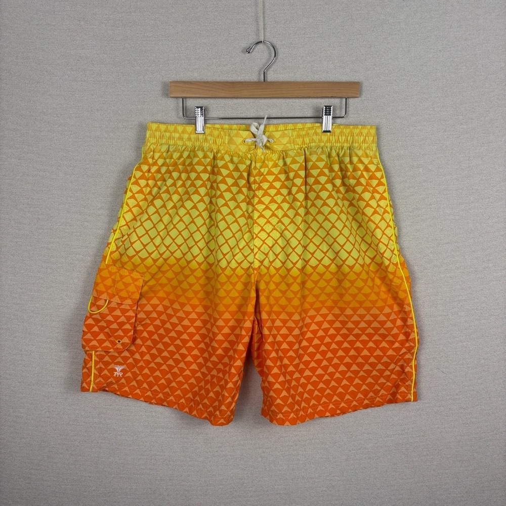 Y2K Vtg TYR Challenger Swim Trunks Mens XXL Merman Yellow Orange Brief Cargo